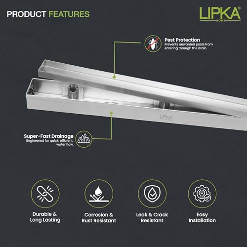 LIPKA 18 x 2 Inch Marble Insert Floor Drain, 304 Stainless Steel Invisible Shower Drain Channel for Bathroom, Waste Water Floor Drainer with Jali, Linear Drain for Tile & Marble Flooring - Image 3