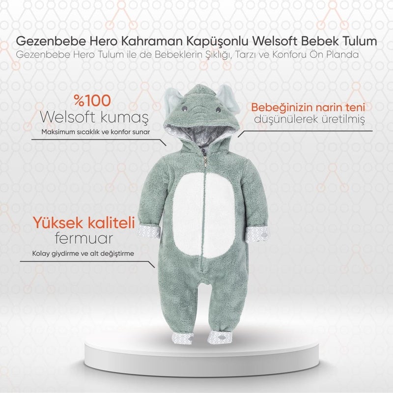 Gezenbebe Hero Hooded Welsoft Baby Jumpsuit (12-18 months) Elephant  - Image 2