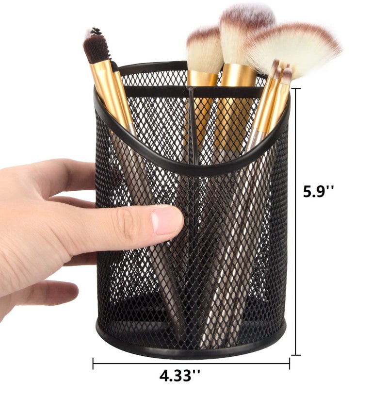 Delifox 2 Pack Pen Holder Mesh Round Pencil Holder Desktop Organizer 3 Compartments, Black - Image 2