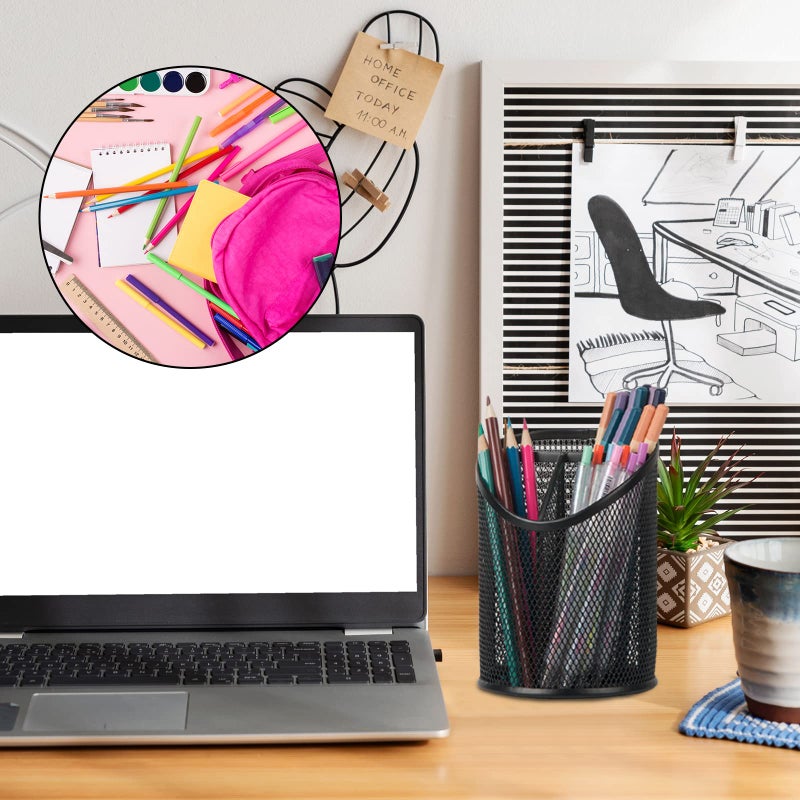 Delifox 2 Pack Pen Holder Mesh Round Pencil Holder Desktop Organizer 3 Compartments, Black - Image 5