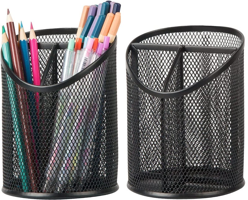 Delifox 2 Pack Pen Holder Mesh Round Pencil Holder Desktop Organizer 3 Compartments, Black - Image 1