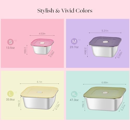 GIUOIDUO 8-Piece Stainless Steel Food Storage Containers Set with 4 Colorful Lids – Airtight & Leakproof for Meal Prep, Lunch, Leftovers – BPA-Free, Dishwasher Safe – Durable Kitchen & Office Organizers - Image 2