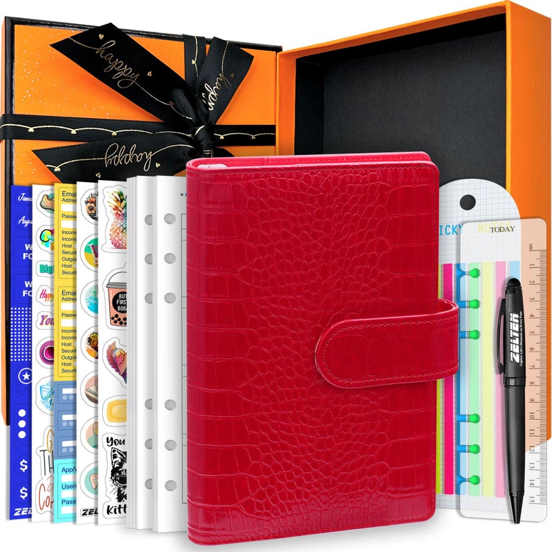 Zelten PU Leather Personal Notebook Planner with 67 Pages Loose-Leaf Papers 6 Holes Ring Binder Pen Holder Magnetic Buckle (Red Crocodile Pattern, A5 Gift Box) - Image 1