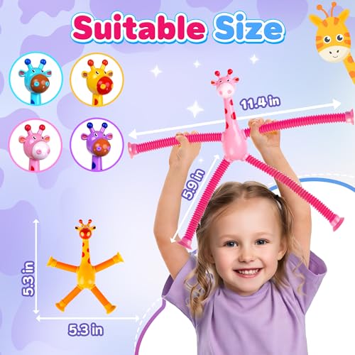 CHESLICR Giraffe Sensory Travel Toys 4Pcs for Roadtrip Car Ride Airplane Toddler Girl Year Old Ages 2 3 4 5 6 7 8 Suction Autism Pop Tube Fidget Toy Autistic Valentines Day Stocking Easter Basket Stuffer Gift - Image 5