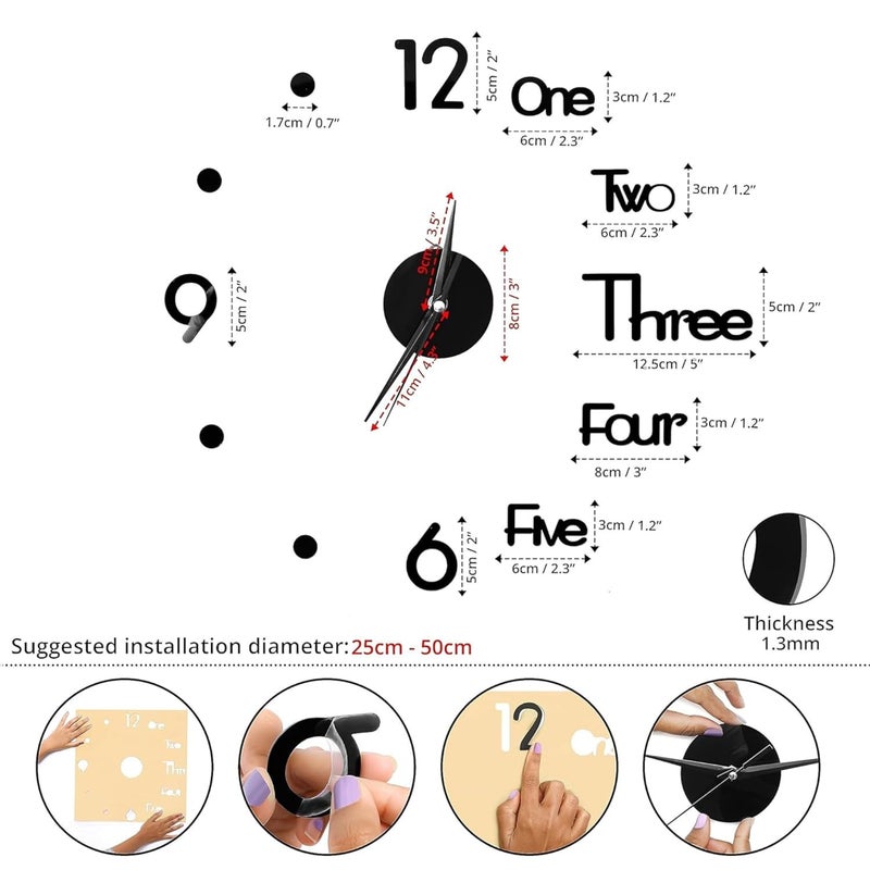 POPSHY POPSHY Wall Sticker Clock DIY 3D Adhesive Sticker NonTicking Frameless Plastic Analog Watch with Adjustable Sizes Clock Kit for Living Room Bedroom Office Wall Decorations Black  - Image 5