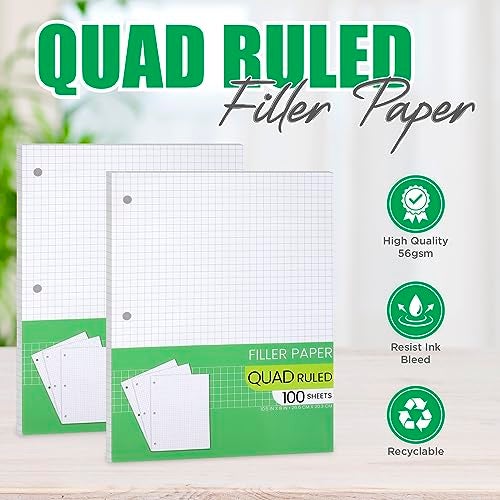 Manaloom Graph Paper, Filler Paper Loose leaf Graph Paper - 8” x 10.5" - Graph Ruled, 4x4 Quad Ruled Notebook Paper, 3 Hole Punched Loose leaf Papers for 3 Ring Binders - 100 Sheets per Pack (2 Pack) - Image 2
