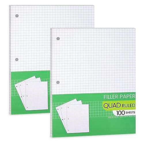 Manaloom Graph Paper, Filler Paper Loose leaf Graph Paper - 8” x 10.5" - Graph Ruled, 4x4 Quad Ruled Notebook Paper, 3 Hole Punched Loose leaf Papers for 3 Ring Binders - 100 Sheets per Pack (2 Pack) - Image 1