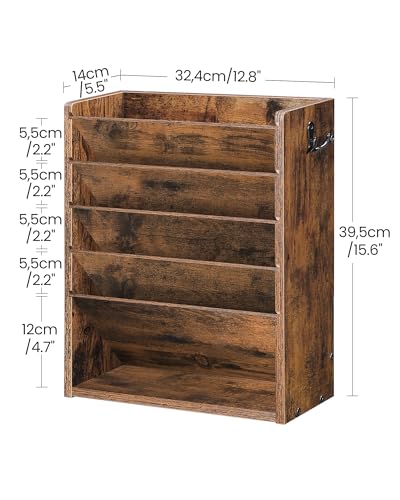 CHOEZON Wall File Organizer, 6-Tier Vertical Mount Hanging Holder with 2 Side Hooks, Vintage Wooden Magazine Storage Crate with Bottom Flat Tray, Desk Organizer, for Office, Home, Rustic Brown MWJ01FG - Image 5