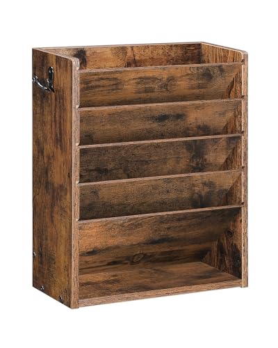 CHOEZON Wall File Organizer, 6-Tier Vertical Mount Hanging Holder with 2 Side Hooks, Vintage Wooden Magazine Storage Crate with Bottom Flat Tray, Desk Organizer, for Office, Home, Rustic Brown MWJ01FG - Image 1
