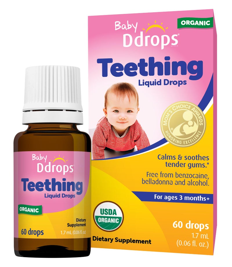 Ddrops Organic Baby Teething Liquid Drops, for Ages 3 Months+, 60 Drops, 0.06 fl oz (1.7 ml) - Image 1