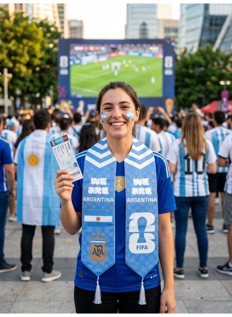 وشاح مشجعين لكأس العالم 2026 من الأرجنتين، وشاح أزرق من الساتان مزين بشرابة، وشعار الاتحاد الأرجنتيني لكرة القدم، وتصميم العلم. - Image 2