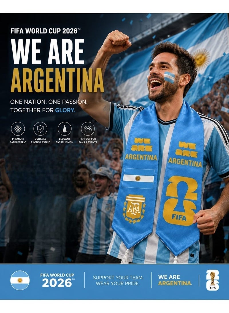 وشاح مشجعين لكأس العالم 2026 من الأرجنتين، وشاح أزرق من الساتان مزين بشرابة، وشعار الاتحاد الأرجنتيني لكرة القدم، وتصميم العلم. - Image 3