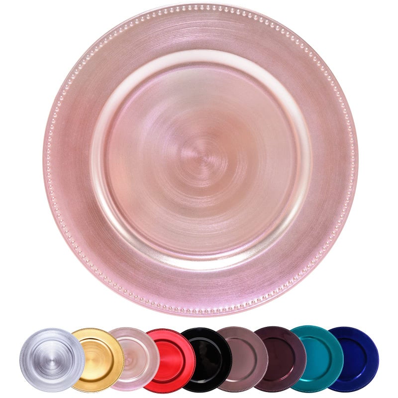 DaCakeWS Metallic Bead Charger Plates 13inch Set 10PCS Plastic Round charger plates bulk wedding DinnerWeddingPartyEventDecorationBeaded Rose Gold 10