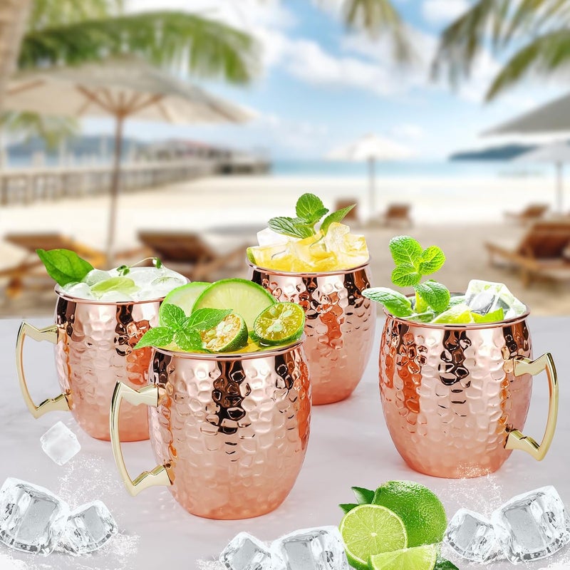 Amrules Moscow Mule Mugs Set of 4, 16 OZ Hammered Copper Cups with 304 Stainless Steel Lining and Gold Brass Handles, for Cold Drinks, Beer, Wine, Bars, Parties - Image 2