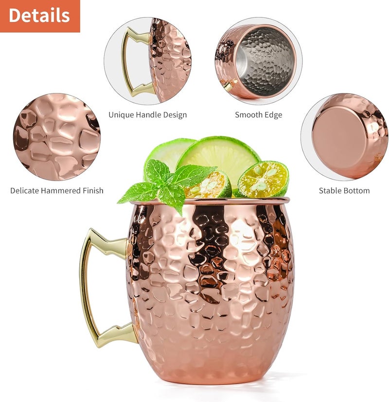 Amrules Moscow Mule Mugs Set of 4, 16 OZ Hammered Copper Cups with 304 Stainless Steel Lining and Gold Brass Handles, for Cold Drinks, Beer, Wine, Bars, Parties - Image 4