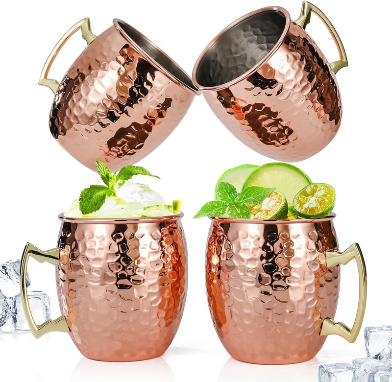 Amrules Moscow Mule Mugs Set of 4, 16 OZ Hammered Copper Cups with 304 Stainless Steel Lining and Gold Brass Handles, for Cold Drinks, Beer, Wine, Bars, Parties - Image 1