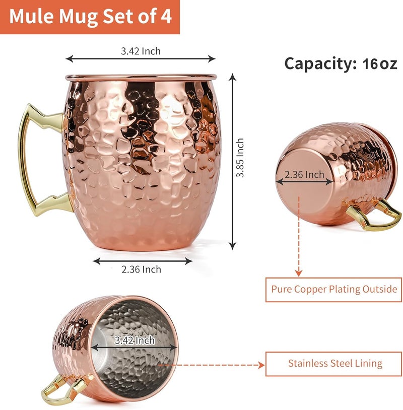 Amrules Moscow Mule Mugs Set of 4, 16 OZ Hammered Copper Cups with 304 Stainless Steel Lining and Gold Brass Handles, for Cold Drinks, Beer, Wine, Bars, Parties - Image 3
