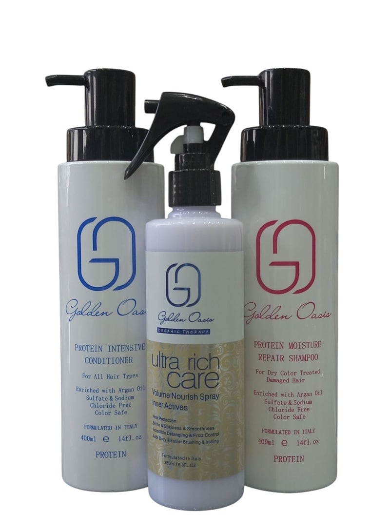 Golden Oasis Shampoo 400 ml Conditioner 400 ml Thermal Spray 250 ml for Daily Hair Care After Protein and Keratin