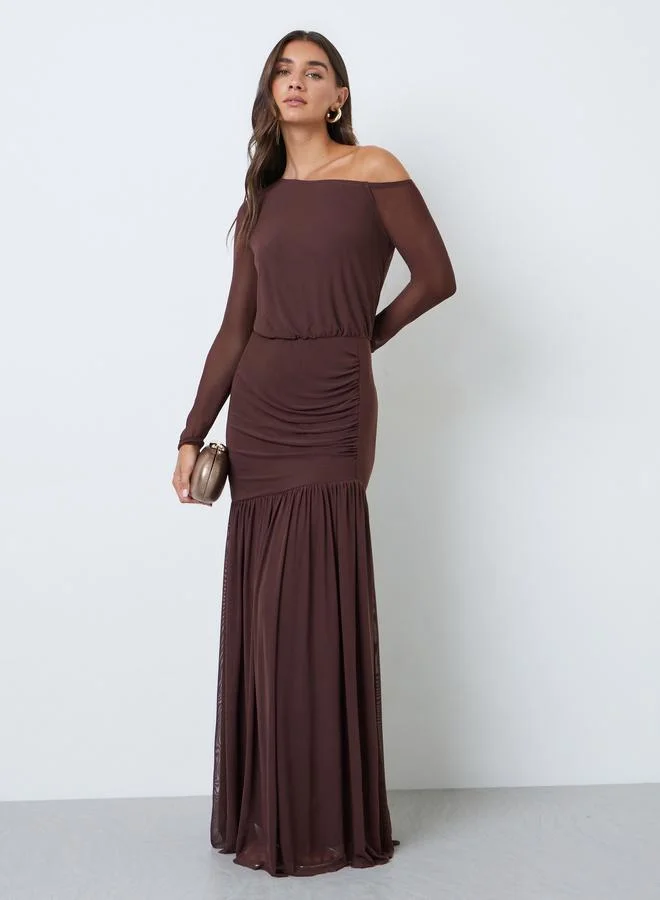 Styli Brown Asymmetric Neck A-Line Maxi Dress