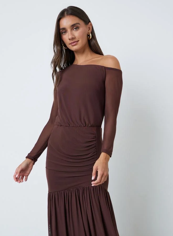 Styli Brown Asymmetric Neck A-Line Maxi Dress