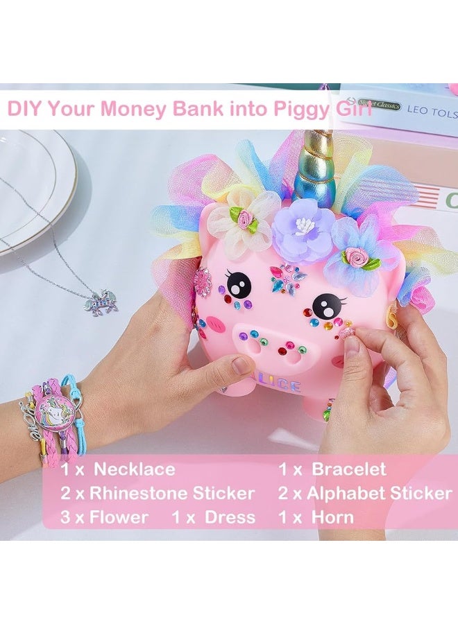 Play Tailor Piggy Bank for Girls Large Unicorn Piggy Banks with Necklace Bracelet DIY Stickers Cute Coin Piggybank Unbreakable for Toddler Kids Christmas Birthday Gifts, Rainbow Dress - Image 2
