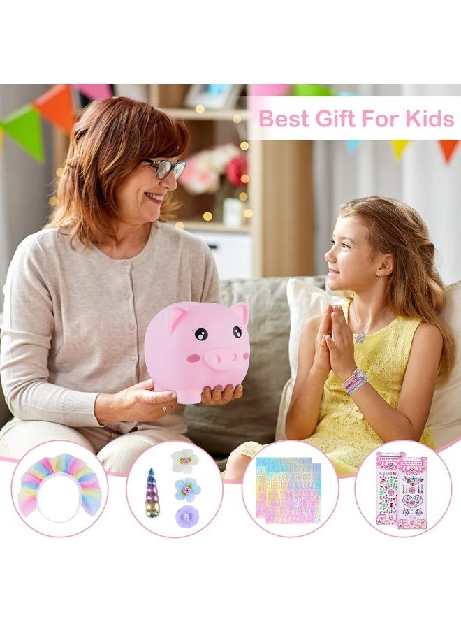 Play Tailor Piggy Bank for Girls Large Unicorn Piggy Banks with Necklace Bracelet DIY Stickers Cute Coin Piggybank Unbreakable for Toddler Kids Christmas Birthday Gifts, Rainbow Dress - Image 4