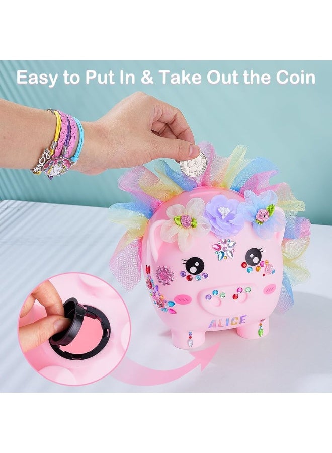 Play Tailor Piggy Bank for Girls Large Unicorn Piggy Banks with Necklace Bracelet DIY Stickers Cute Coin Piggybank Unbreakable for Toddler Kids Christmas Birthday Gifts, Rainbow Dress - Image 3