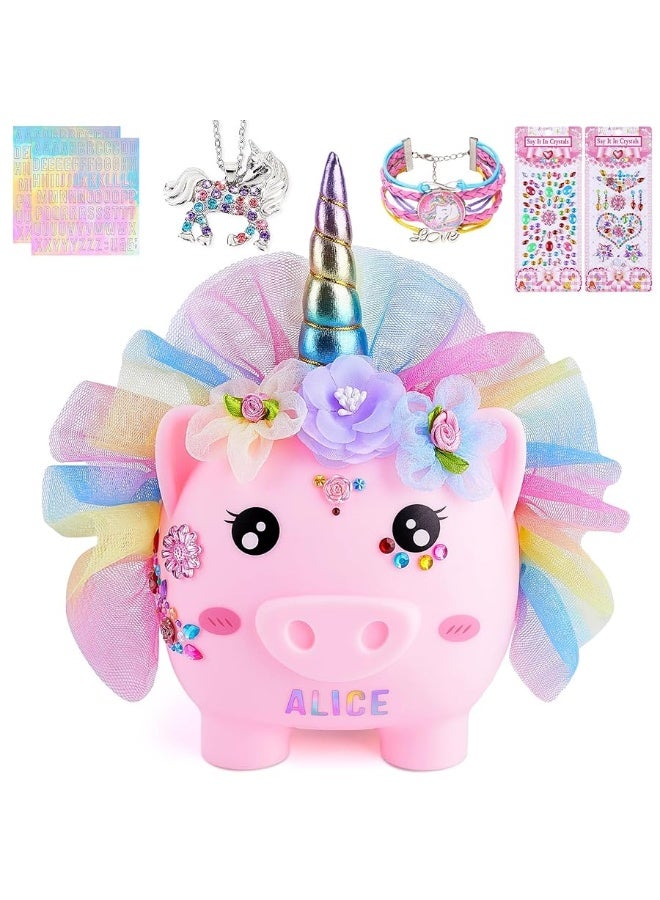 Play Tailor Piggy Bank for Girls Large Unicorn Piggy Banks with Necklace Bracelet DIY Stickers Cute Coin Piggybank Unbreakable for Toddler Kids Christmas Birthday Gifts, Rainbow Dress - Image 5