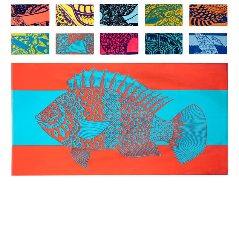 Nova Blue Tropical Fish Beach Towel 34 X 63  Bright Red  Blue Packable Beach Towel Made from 100 Cotton  Vibrant Colorful Bath Towel  Turquoise Beach Blanket Towel