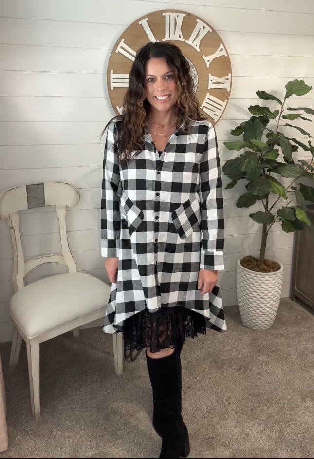 olrain Womens Plaids V Neck Long Sleeve Irregular Hem Casual Shirt Dress (XX-Large, White) - Image 3