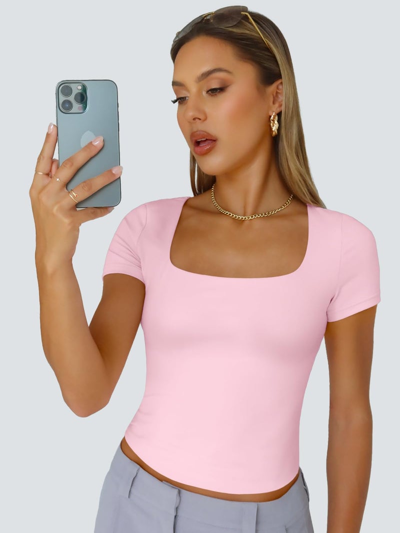 Trendy Queen Double Lined Short Sleeve Tshirts for Women Square Neck Cute Crop Top Spring Summer Basic Tees Workout Going Out Sakura Pink S - Image 2