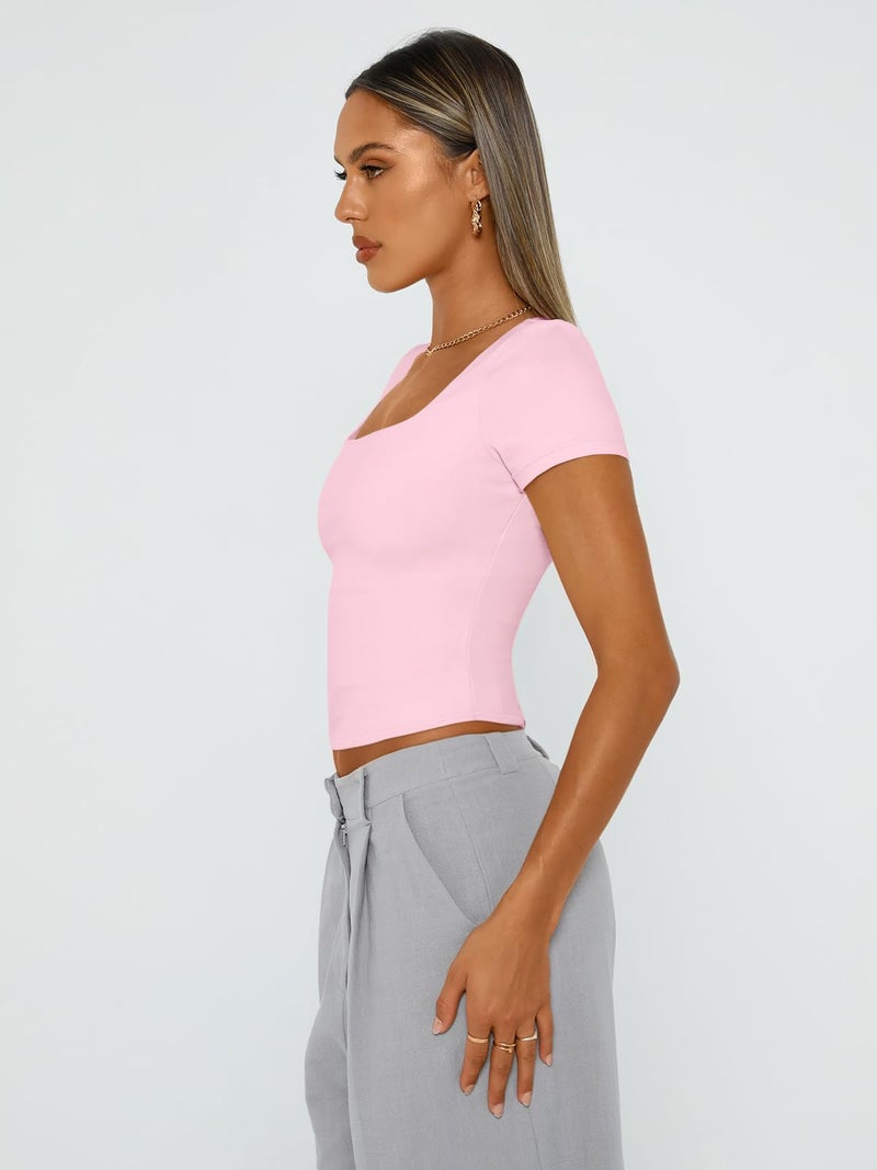 Trendy Queen Double Lined Short Sleeve Tshirts for Women Square Neck Cute Crop Top Spring Summer Basic Tees Workout Going Out Sakura Pink S - Image 4