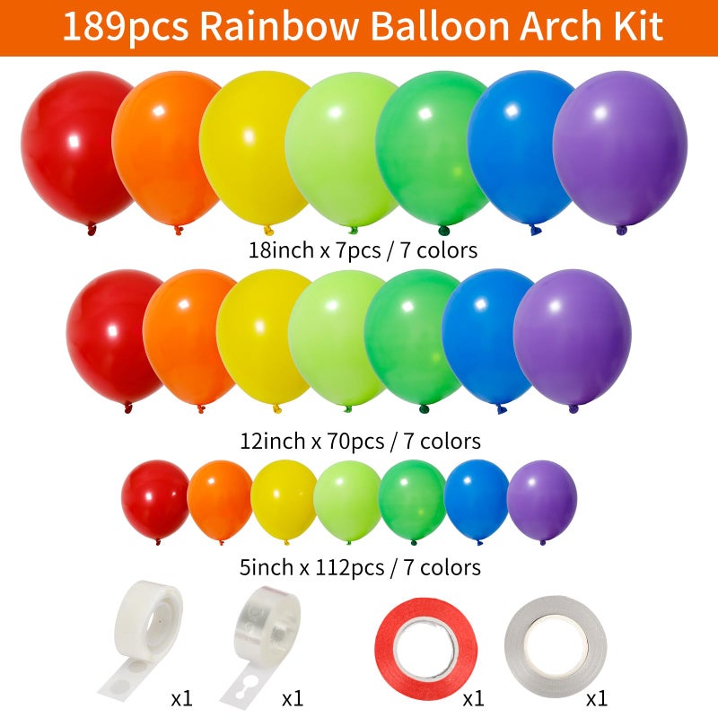 RUBFAC 189pcs Rainbow Balloon Garland Arch Kit, 7 Assorted Colors 5/12/18 Inch Latex Balloons for Birthday Party Baby Shower Wedding Anniversary Decoration - Image 2