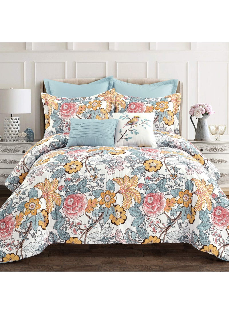 Lush Decor Lush Decor Sydney Comforter Set  Charming  Colorful Floral Leaf Design  7 Piece Elegant Botanical Bedding Set With Euro Shams  Decorative Pillows  Full Queen Blue  Yellow 