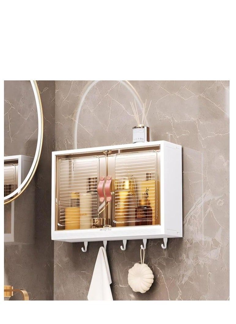 Golden Wall Mounted Bathroom Storage Cabinet Shelf,Bathroom Makeup Storage Display Cabinet,Magnetic Door and Hooks for Towel Kicthen Utensil Dustproof Over Toilet Rack,for Bedroom,Kicthen,Bathroom  - Image 1