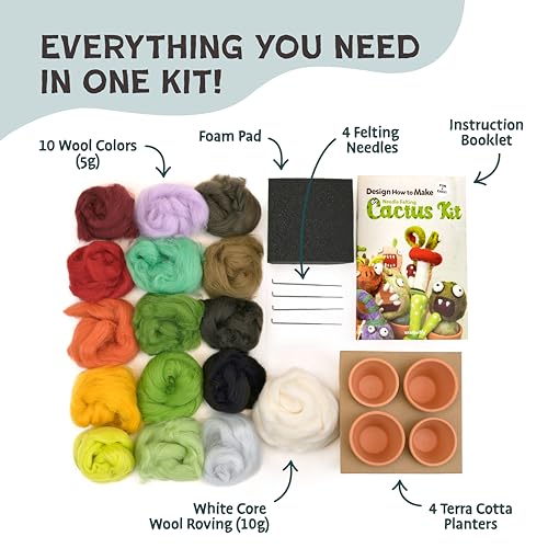 Woolbuddy Needle Felting Kit – Cactus & Succulent DIY Craft Kit for Adults & Beginners, Complete Felting Set with Clean Wool Roving, Felting Needles, Foam Pad & 4 Clay Pots | Cute Handmade Gift Idea - Image 3