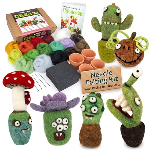 Woolbuddy Needle Felting Kit – Cactus & Succulent DIY Craft Kit for Adults & Beginners, Complete Felting Set with Clean Wool Roving, Felting Needles, Foam Pad & 4 Clay Pots | Cute Handmade Gift Idea - Image 1