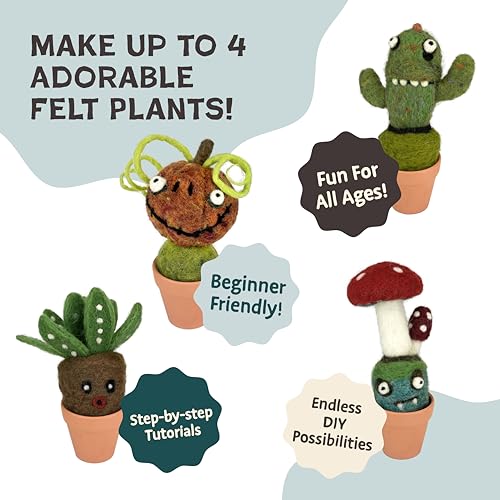 Woolbuddy Needle Felting Kit – Cactus & Succulent DIY Craft Kit for Adults & Beginners, Complete Felting Set with Clean Wool Roving, Felting Needles, Foam Pad & 4 Clay Pots | Cute Handmade Gift Idea - Image 5