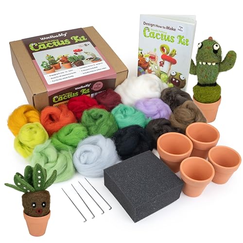 Woolbuddy Needle Felting Kit – Cactus & Succulent DIY Craft Kit for Adults & Beginners, Complete Felting Set with Clean Wool Roving, Felting Needles, Foam Pad & 4 Clay Pots | Cute Handmade Gift Idea - Image 2