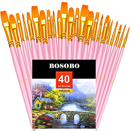BOSOBO Paint Brushes Set, 4 Pack 40 Pcs Round Pointed Tip Paintbrushes Nylon Hair Artist Acrylic Paint Brushes for Acrylic Oil Watercolor, Face Nail Art, Miniature Detailing & Rock Painting, Pink - Image 1