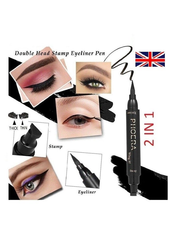 Phoera 2 in 1 Wing Cat Eye Liner + Stamp Winged Long Lasting Liquid Eye Liner Waterproof & Smudge proof Makeup Black Eyeliner Pen Winged Eyeliner Pencil - AQUAPURITY (THIN STAMP)… - Image 2
