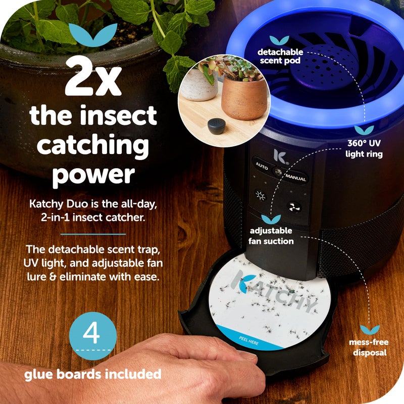Katchy Duo â€“ Indoor Flying Insect Trap with Scent Pod â€“ Day & Night Effective â€“ Mosquito, Fruit Fly, Gnat & Small Moth Catcher â€“ Non-Zapper Trap with Blue UV Light & Fan Suction (Black) - Image 2