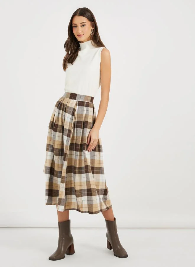 Styli Plaid Flannel High Rise Midi Length Flared Skirt