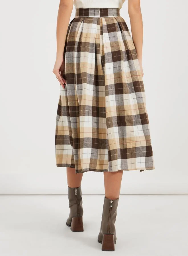 Styli Plaid Flannel High Rise Midi Length Flared Skirt
