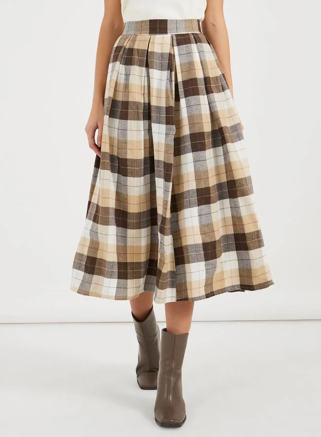 Styli Plaid Flannel High Rise Midi Length Flared Skirt
