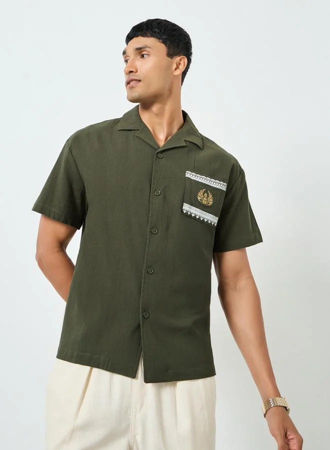 ستايلي Styli Men Olive Embroidered linen Shirt