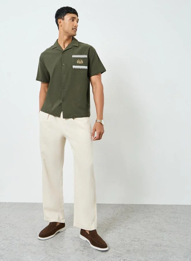 ستايلي Styli Men Olive Embroidered linen Shirt