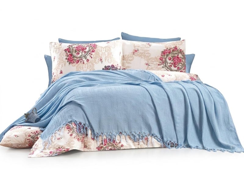 Home Collection 5 Piece Bedding Set, Blue Pique Coverlet 230x250cm, Floral Cotton Sheet 220x240cm, 2 Pillows 55x75cm, 1 Pillowcase 40x160cm