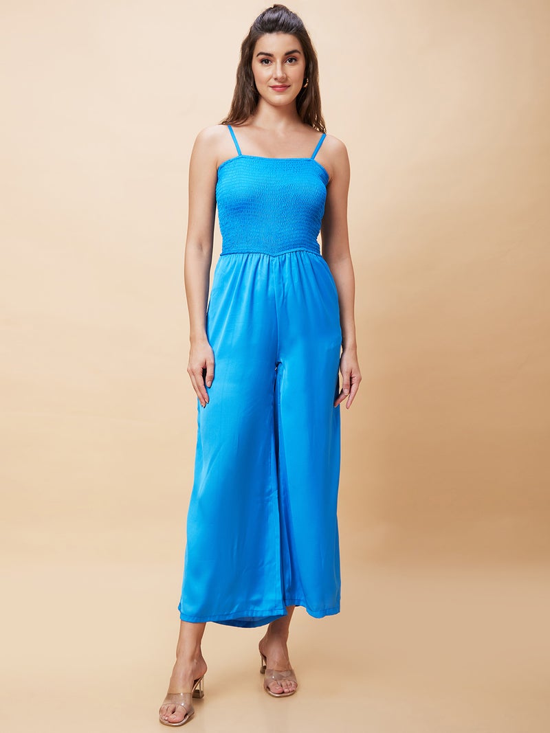 globus Globus Women Blue Shoulder Strap Smocked Basic Jumpsuit - Image 2
