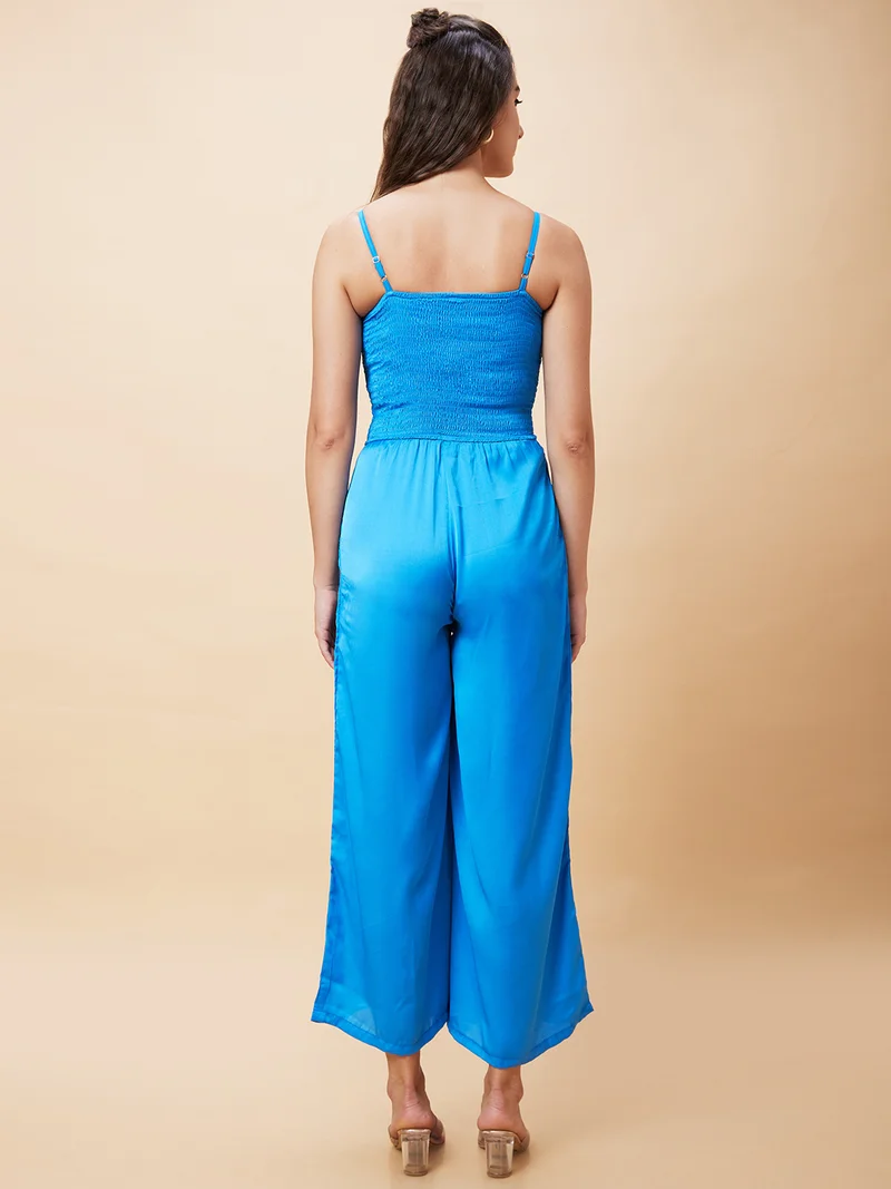 globus Women Blue Shoulder Strap Smocked Basic Jumpsuit